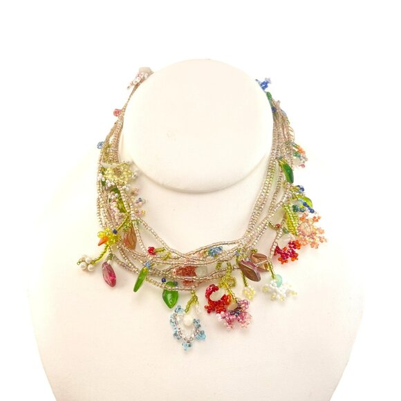 Handcrafted Multi-Color Beaded Floral Three Strand Necklace With Delicate Chain - Picture 2 of 9